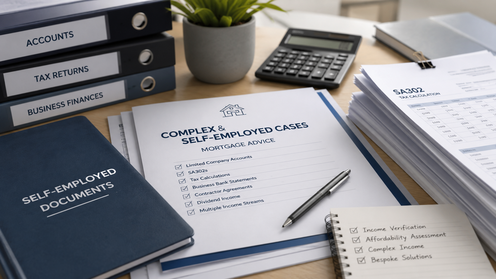 Self-employed mortgage paperwork including accounts, SA302 tax calculations and business finance folders